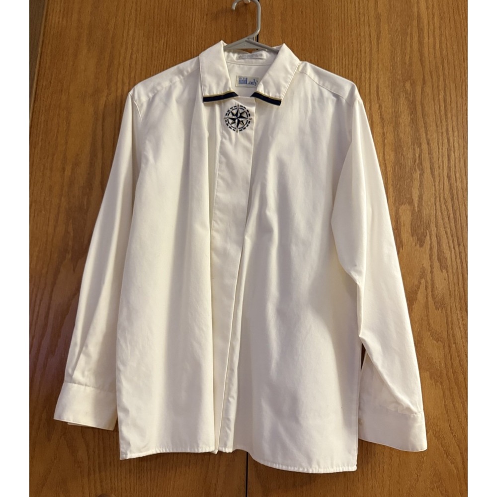 VTG Mr B's Lady Shirt Wm 12 White Navy Gold Nautical Trim Embroidery Boat‎ Ship